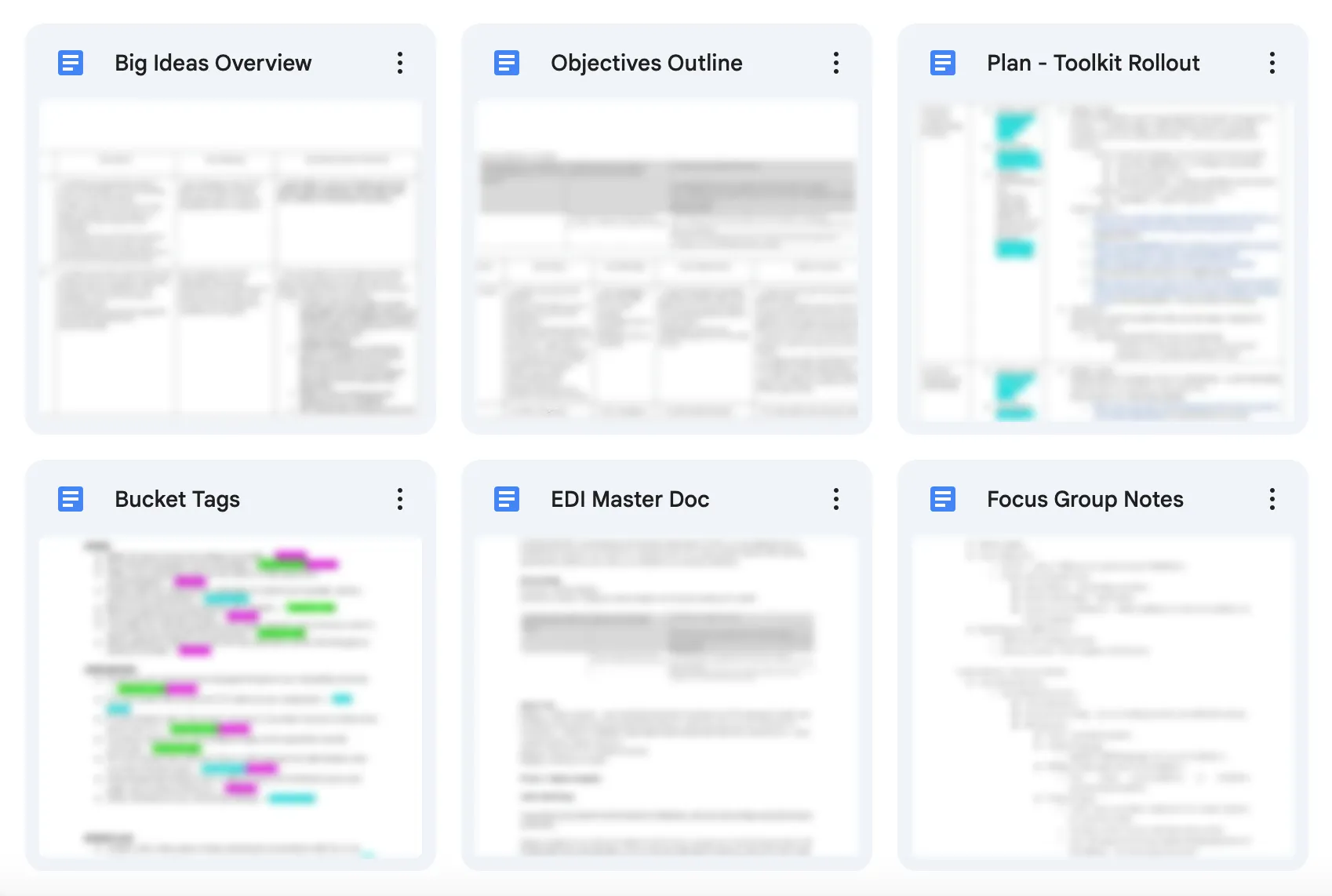 A screenshot of a Google Drive folder filled with various documents related to the creation of the EDI Toolkit. Heavily blurred.