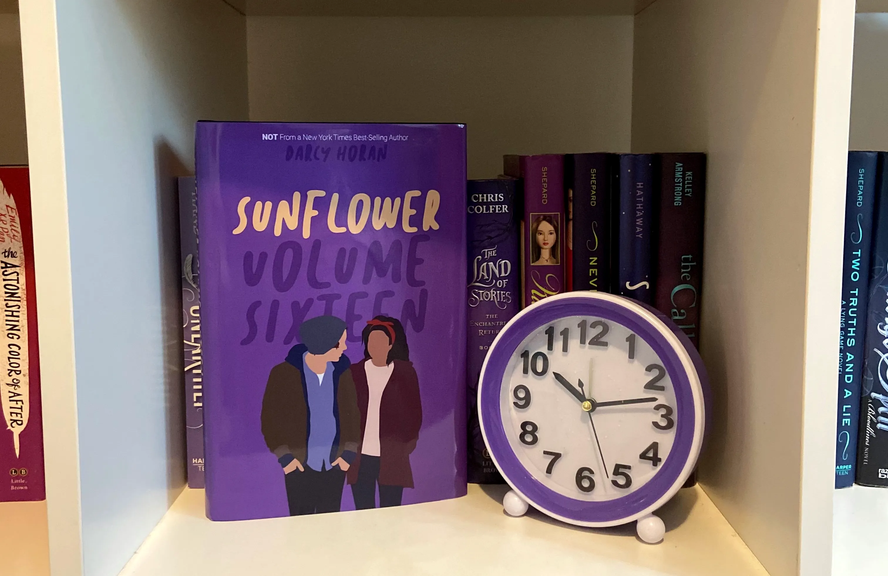 A photograph of the printed book on a bookshelf, facing front. There are other purple books and purple decor on the shelf.