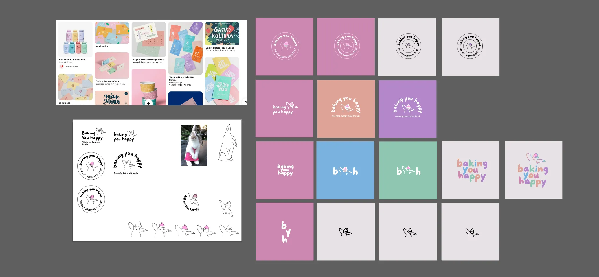 A screenshot of the Adobe Illustrator workspace I used to brainstorm and develop various logo options. It includes: a screenshot of my Pinterest board with several images including pastel pinks, blues, and purples; an artboard with a reference image of a bunny and several attempts at recreating the bunny into a brand mark using minimal lines; several artboards featuring logo options against various backgrounds.
