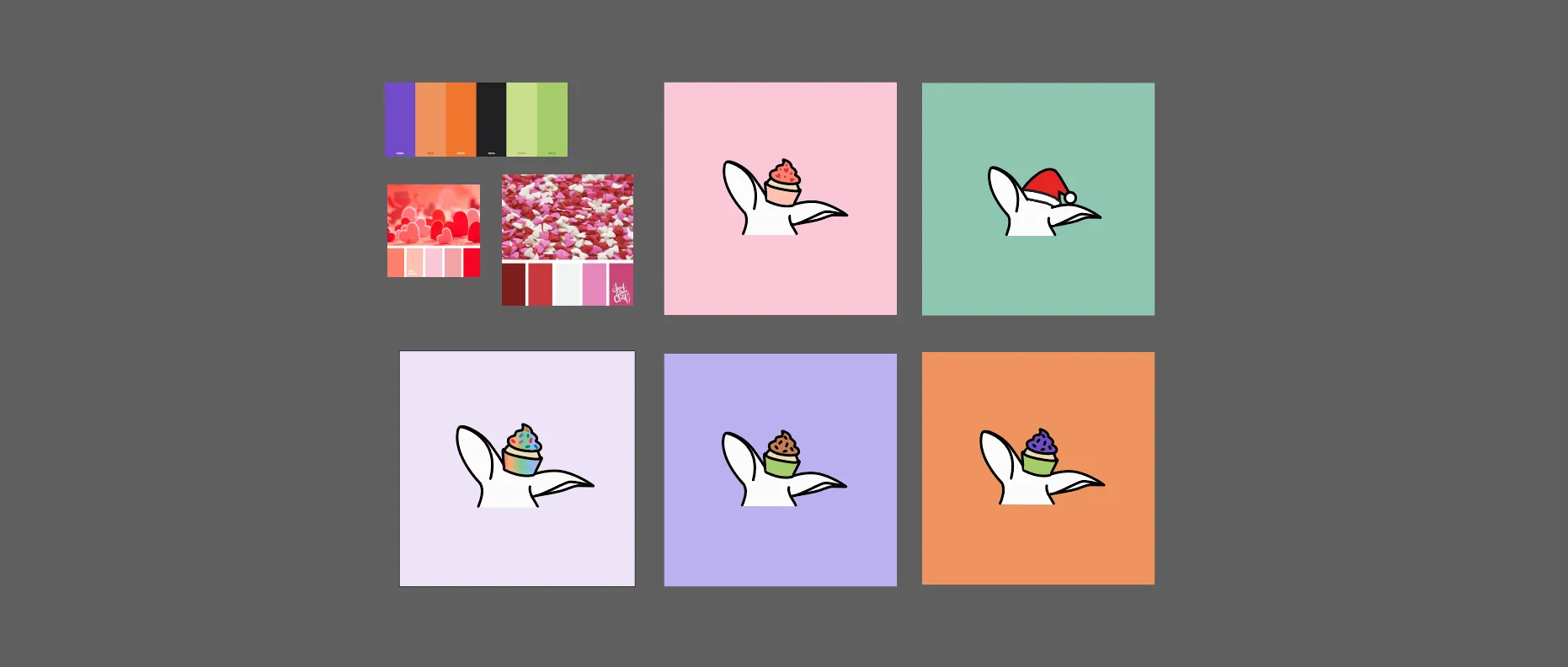 A screenshot of the Adobe Illustrator workspace with artboards for holiday variations on the original logo. Includes screenshots of colour palettes for inspiration.