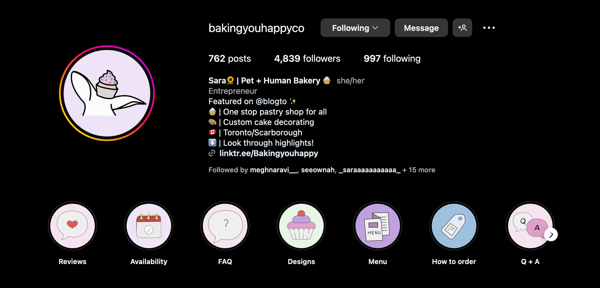 A screenshot of the Instagram account for Baking You Happy where the icons I designed are used as story highlights.