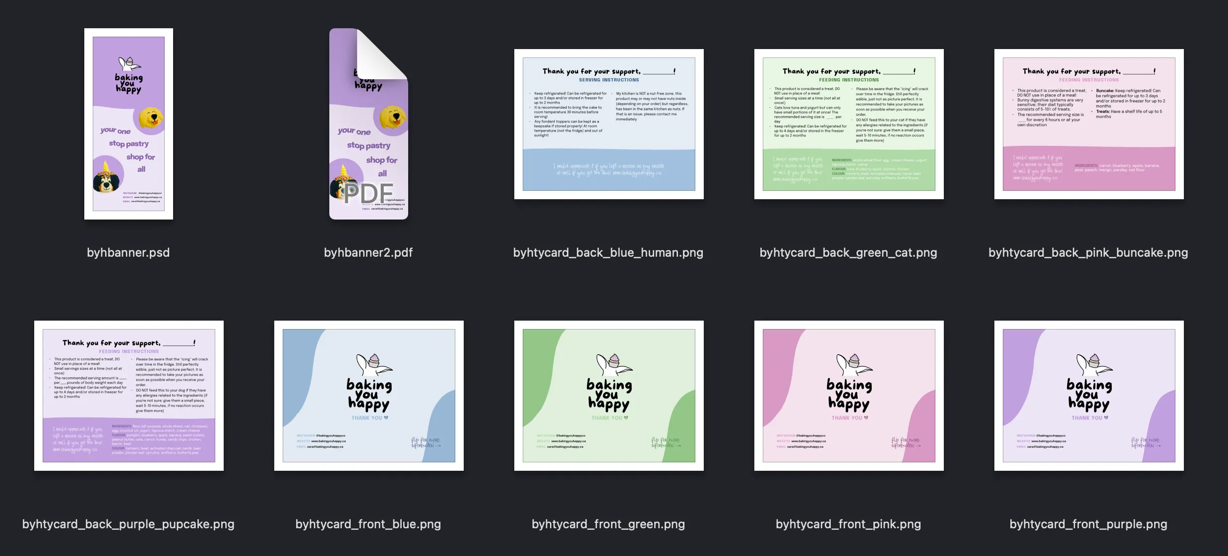 A screenshot of the the folder where the print materials for Baking You Happy are located.