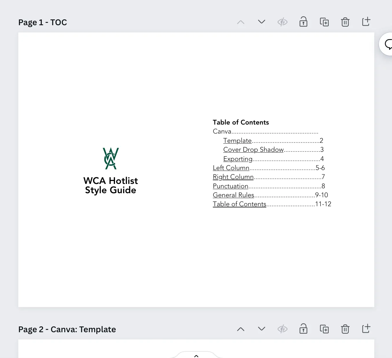A screenshot of the title page and table of contents of the Hotlist Style Guide.